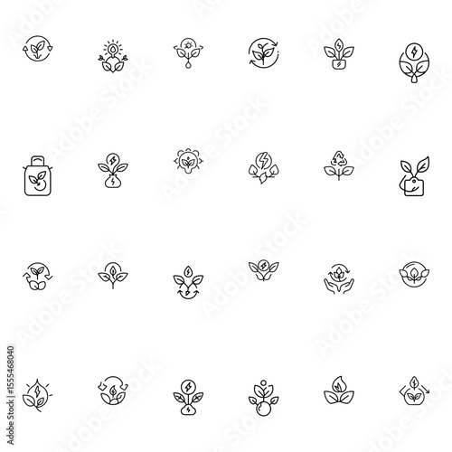 Collection of twenty four plant and leaf icons showing various concepts related to nature and ecology