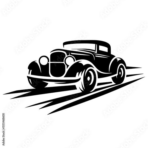 Black and white silhouette vector of a Vintage car on white background