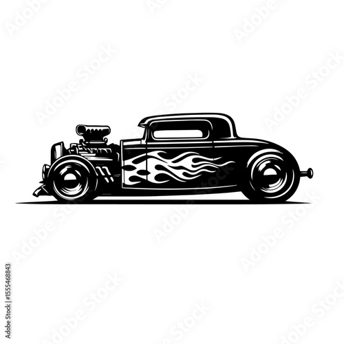 Black and white silhouette vector of a Vintage car on white background