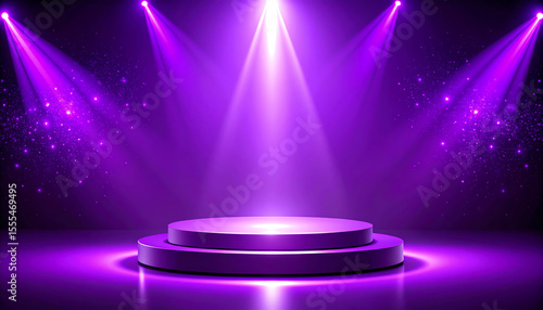 A vibrant purple stage with spotlight beams and a sparkling background, perfect for performances or events