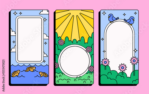 Colorful cartoon nature story frame collection vector hand drawn