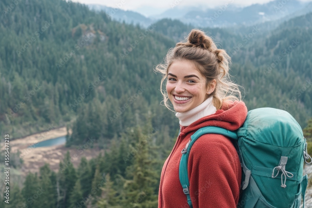 Smiling woman with a backpack in a mountain landscape. Smiling woman with a backpack in a mountain landscape.