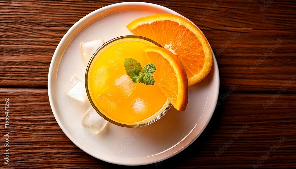 Fresh Iced Orange Juice in a Glass with Orange Slice on Table – Realistic Food Photography Fresh Iced Orange Juice in a Glass with Orange Slice on Table – Realistic Food Photography