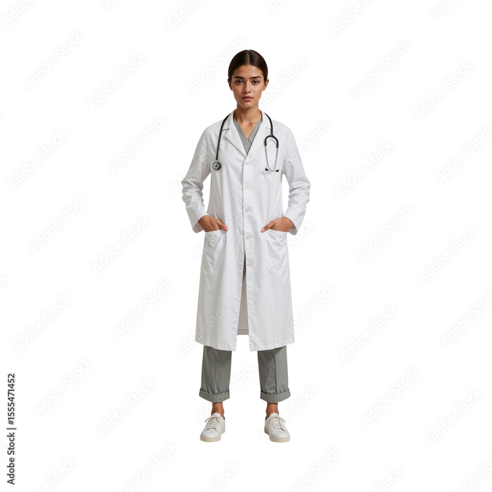 Woman wearing a white medical coat and stethoscope isolated on a transparent background Woman wearing a white medical coat and stethoscope isolated on a transparent background