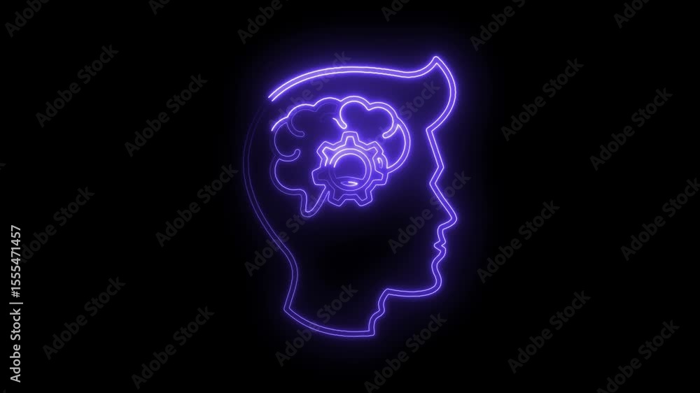 Neon style head with brain and gear inside represents idea generation and thinking Neon style head with brain and gear inside represents idea generation and thinking