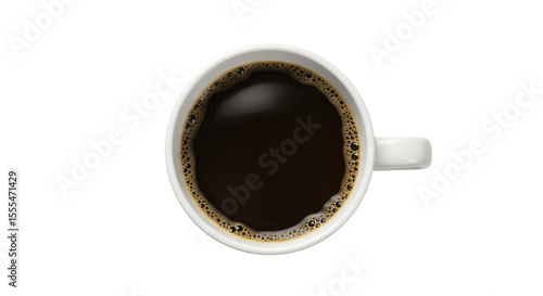 Top view of isolated mug with hot black coffee with foam on transparent cutout PNG background. generative AI