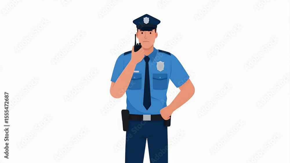 Police Officer Giving Instructions with Handheld Radio Standing Confidently in Uniform Police Officer Giving Instructions with Handheld Radio Standing Confidently in Uniform