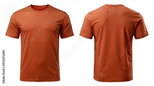 a men's burnt orange short-sleeved crew neck t-shirt, shown from front and back isolated on white background