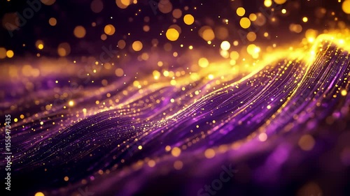 Sparkling Golden Particles and Purple Light Waves Background