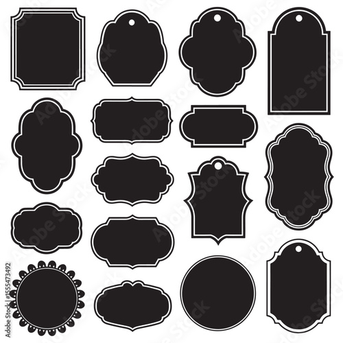 Collection of decorative black silhouettes of various shapes and tags with white borders isolated on white background silhouette