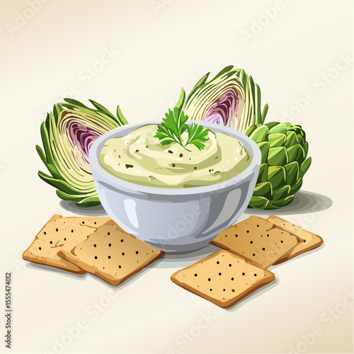 Artichoke dip in a white bowl with crackers and halved artichokes