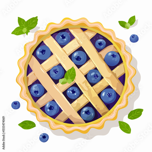 Delicious blueberry pie with lattice crust and fresh leaves illustration