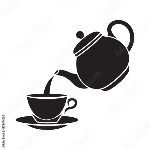 A black silhouette of a teapot pouring hot liquid into a cup and saucer isolated on white background silhouette