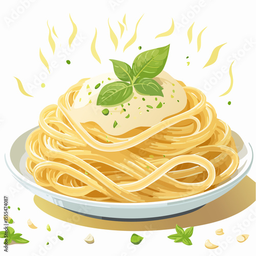 Stylized Spaghetti with Creamy Sauce and Basil Garnish on a White Plate