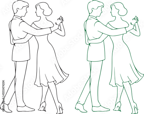 Elegant Couple Dancing Black and Green Line Art Illustration