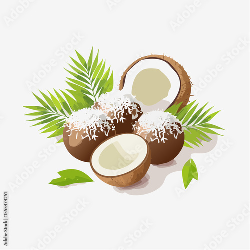 Artistic depiction of halved coconuts with shredded flakes and palm fronds
