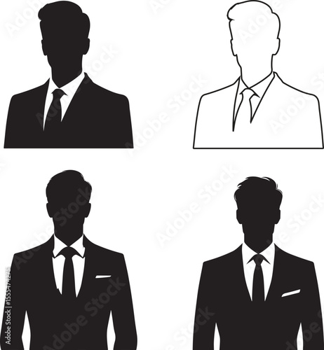 A collection of four illustrations depicting men in suits and ties, including silhouettes and outlines.