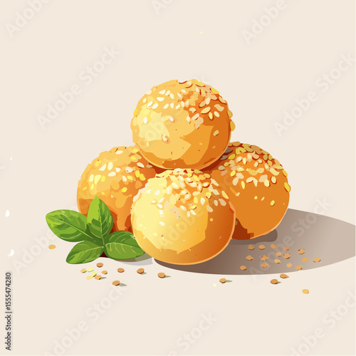 Sesame Seed Coated Tangyuan Dumplings with Basil Leaves, One Cut Open