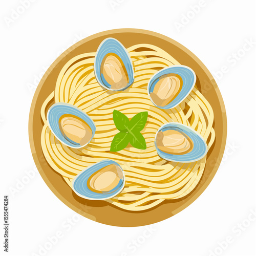 Stylized Spaghetti Vongole with Blue Shells and Basil in a Wooden Bowl