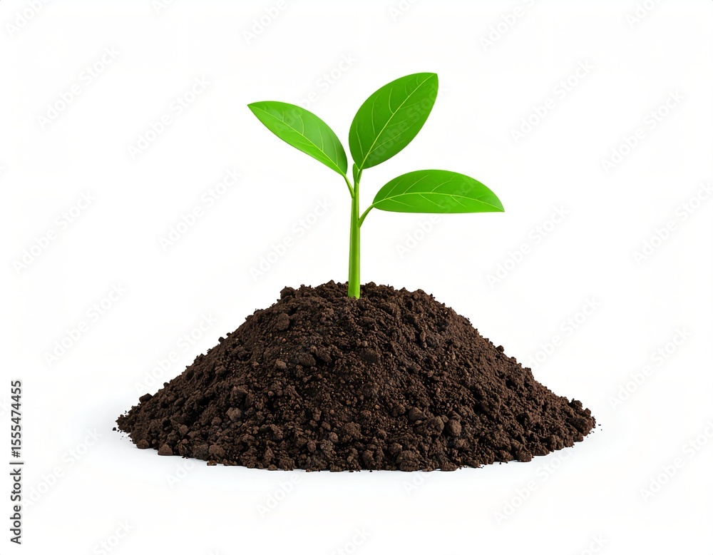 3D rendering of a green seedling sprouting from soil mound, high detail, clean isolated background 3D rendering of a green seedling sprouting from soil mound, high detail, clean isolated background