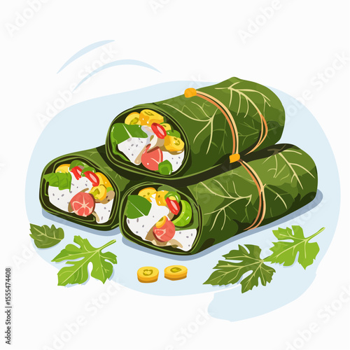 Stacked grape leaf rolls with rice, tomatoes, herbs, and yellow pepper filling