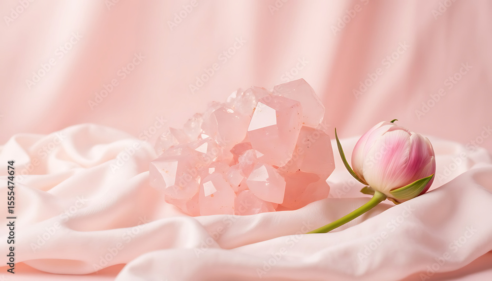 Fototapeta premium Pink quartz crystal and rose flower on soft fabric background 
