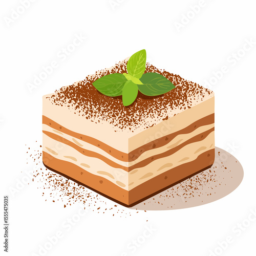 Isometric Tiramisu Slice Topped with Cocoa Powder and Mint Leaves Illustration