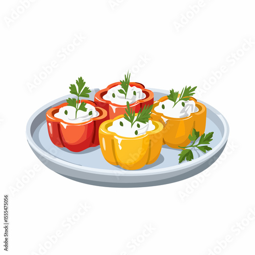 Colorful Stuffed Bell Peppers with Creamy Filling and Parsley Garnish on Plate