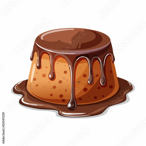 Cartoon custard dessert with chocolate sauce dripping down the sides