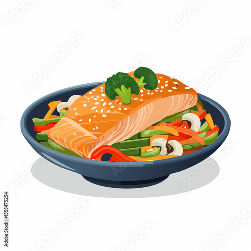 Grilled Salmon with Broccoli and Stir-Fried Vegetables on a Dark Blue Plate