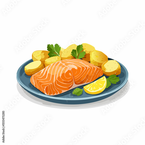 Salmon fillet with potatoes, lemon slice, and parsley on a blue plate