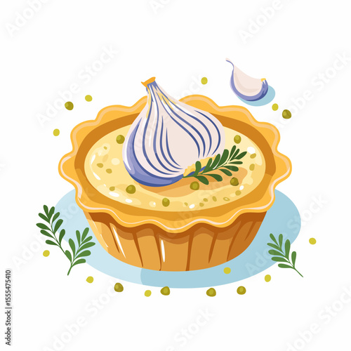 Garlic Custard Tart with Rosemary Garnish and Pea Accents Illustration