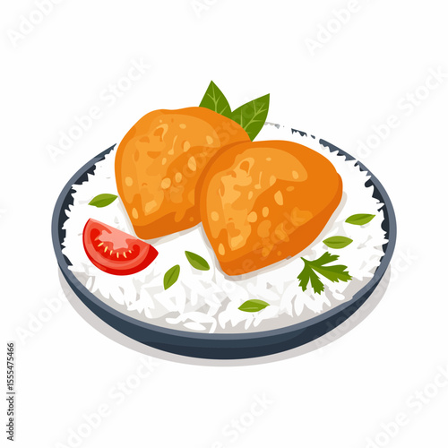 Two golden fried cutlets on rice with tomato slice and basil garnish