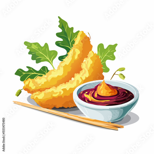 Crispy golden tempura with vibrant green leaves and a bowl of swirling sauce