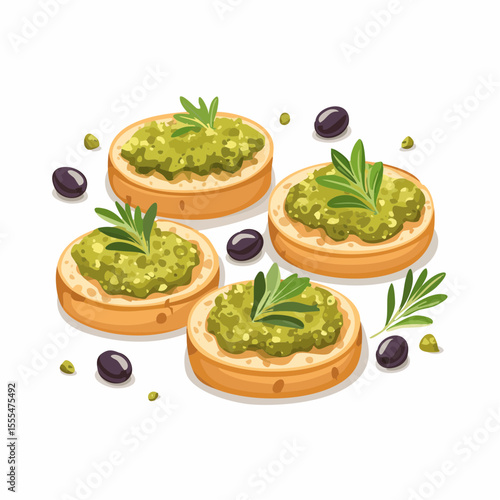 Four Bruschetta Topped with Pesto and Rosemary, Garnished with Olives, Viewed from Above