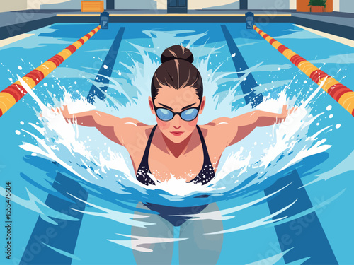 Active healthy strong young woman, girl swimmer swimming pool, glasses, sport swim suit water, finish, competition, training fitness club, gym, workout 
