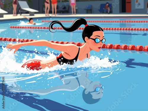 Active healthy strong young woman, girl swimmer swimming pool, glasses, sport swim suit water, finish, competition, training fitness club, gym, workout 