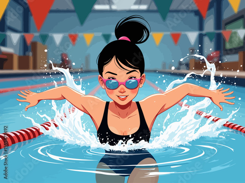 Active healthy strong young woman, girl swimmer swimming pool, glasses, sport swim suit water, finish, competition, training fitness club, gym, workout 