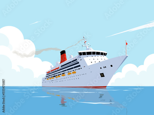 cruise ship on calm water, with a clear sky and clouds in the background
