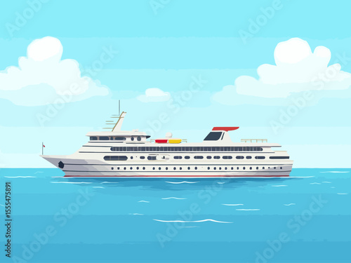 cruise ship on calm water, with a clear sky and clouds in the background