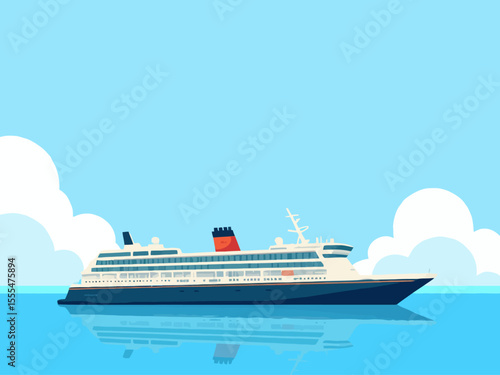 cruise ship on calm water, with a clear sky and clouds in the background