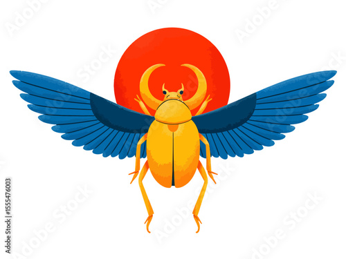 Golden Egyptian scarab beetle with blue wings and red sun on white background, symbolizing rebirth and protection
