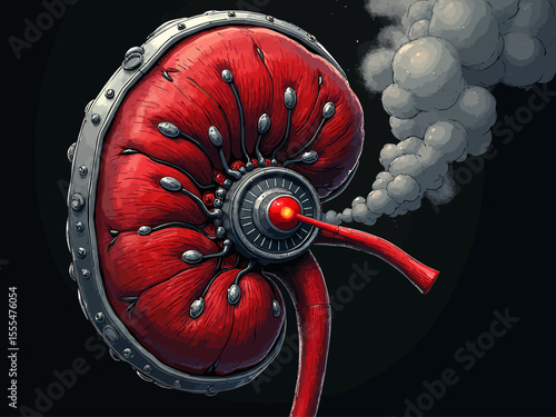kidney in shape of metal engines, with dial on it with red light saying check with smoke coming out of kidney engine, malfuntion