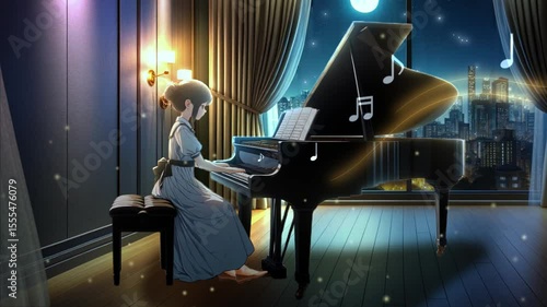 夜景の見える部屋でピアノ演奏