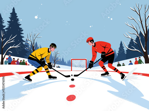 Sportsman from different team are playing hockey, competing on friendly match without spectators winter games competition