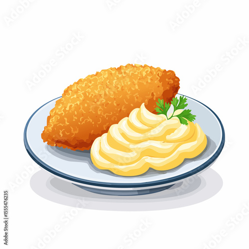 Crispy breaded cutlet with creamy sauce and parsley garnish on a plate