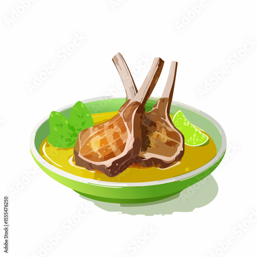 Two grilled lamb chops in yellow sauce with lime and basil garnish