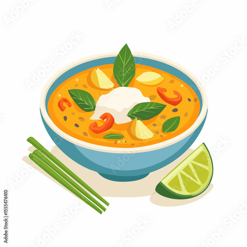 Thai Curry Soup in Blue Bowl with Lime and Lemongrass Illustration