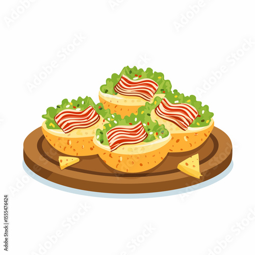Appetizing Bruschetta Topped with Lettuce and Bacon on Wooden Board