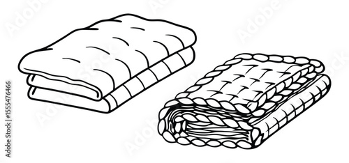Simple black and white vector illustration of two folded blankets showcasing comfort and cozy bedding themes.